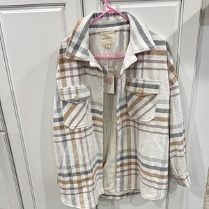 Thread & Supply Cream, Pink, and Gray Plaid Jacket
